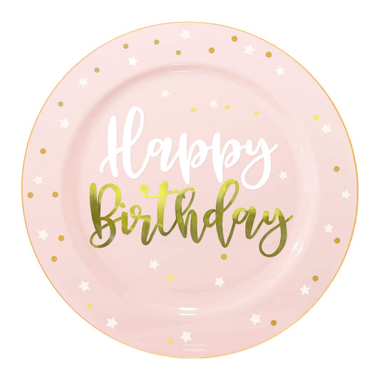 10.25" Pink with White and Gold Birthday Round Plastic Dinner Plates | Kaya Collection