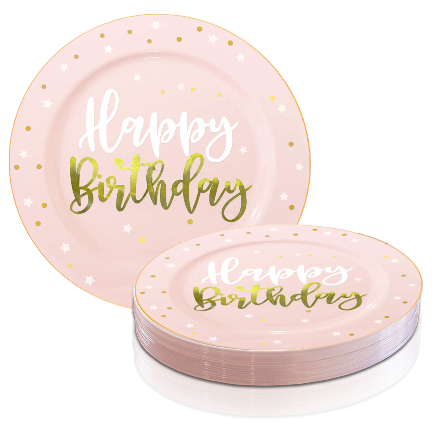 10.25" Pink with White and Gold Birthday Round Disposable Plastic Dinner Plates Set | Kaya Collection