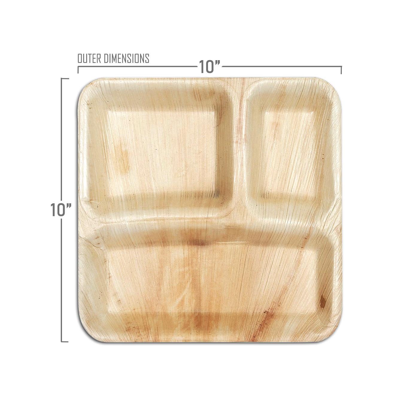 10" Square Palm Leaf 3-Partition Disposable Eco-Friendly Dinner Plates