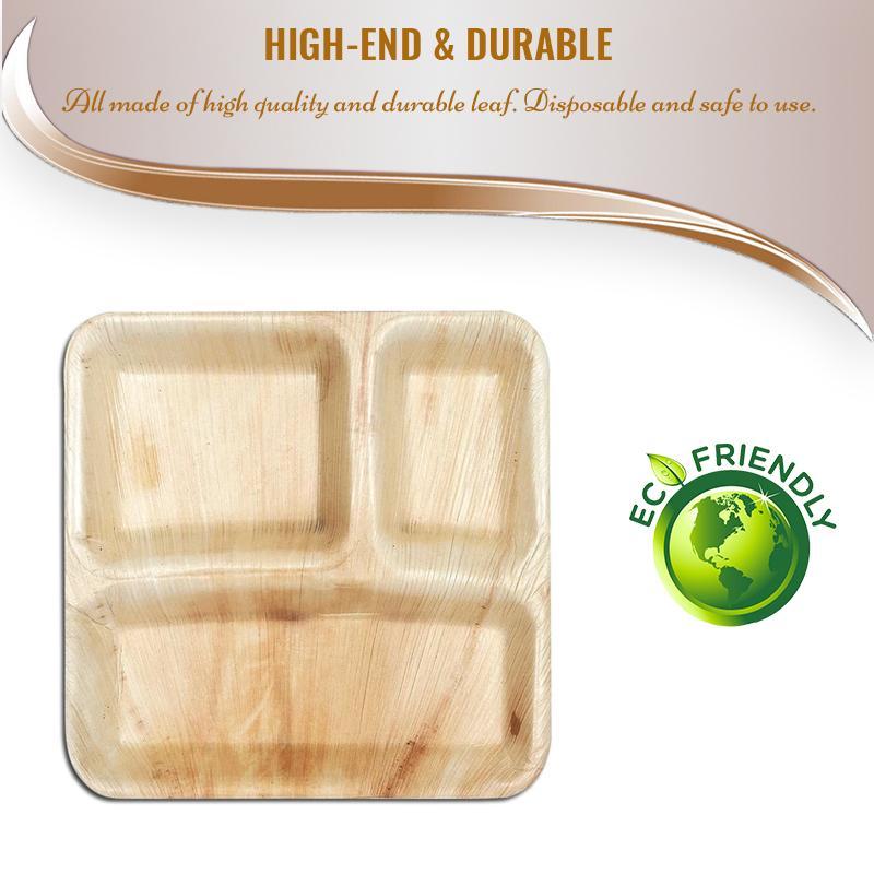 10" Square Palm Leaf 3-Partition Disposable Eco-Friendly Dinner Plates