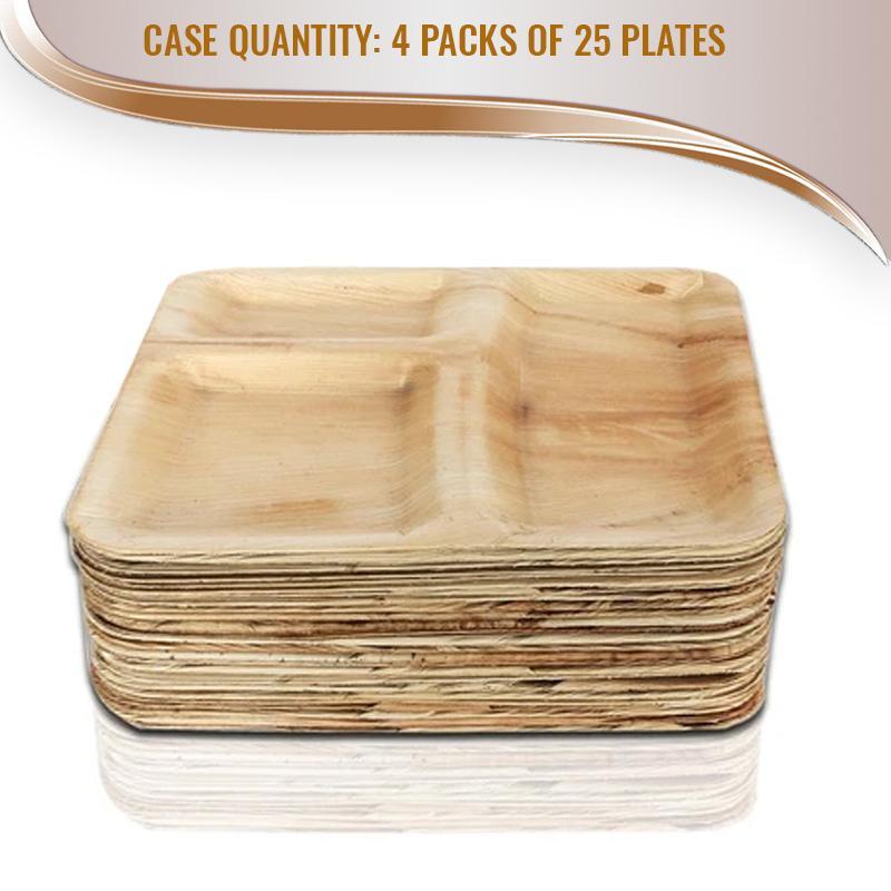 10" Square Palm Leaf 3-Partition Disposable Eco-Friendly Dinner Plates