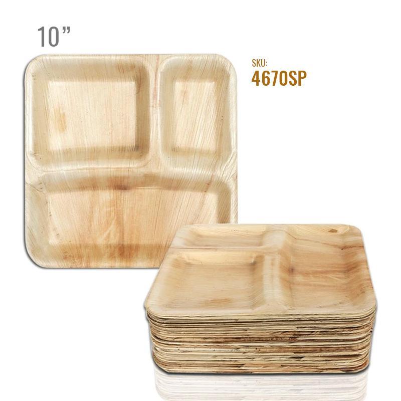 10" Square Palm Leaf 3-Partition Disposable Eco-Friendly Dinner Plates