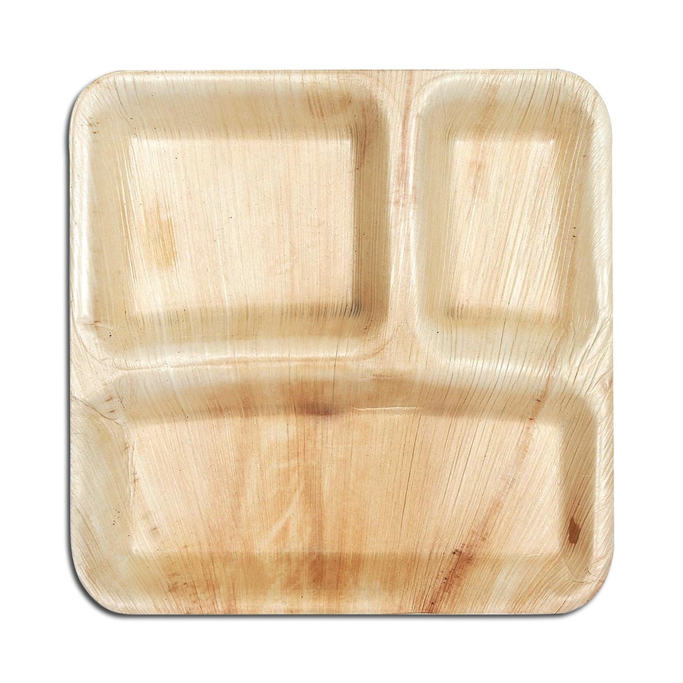 10" Square Palm Leaf 3-Partition Disposable Eco-Friendly Dinner Plates