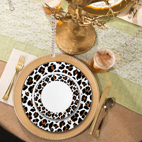 White with Black and Brown Leopard Print Rim Round Disposable Plastic Dinner Plates (10.25