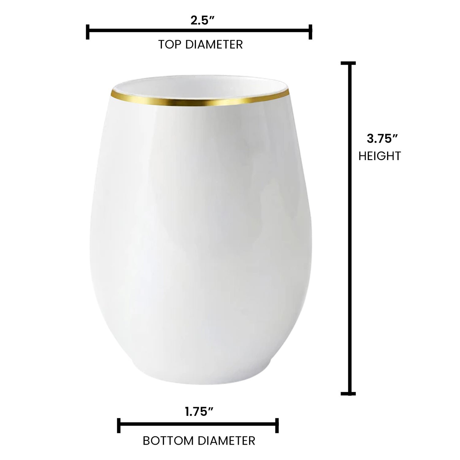 12 oz. White with Gold Elegant Stemless Disposable Plastic Wine Glasses Dimension