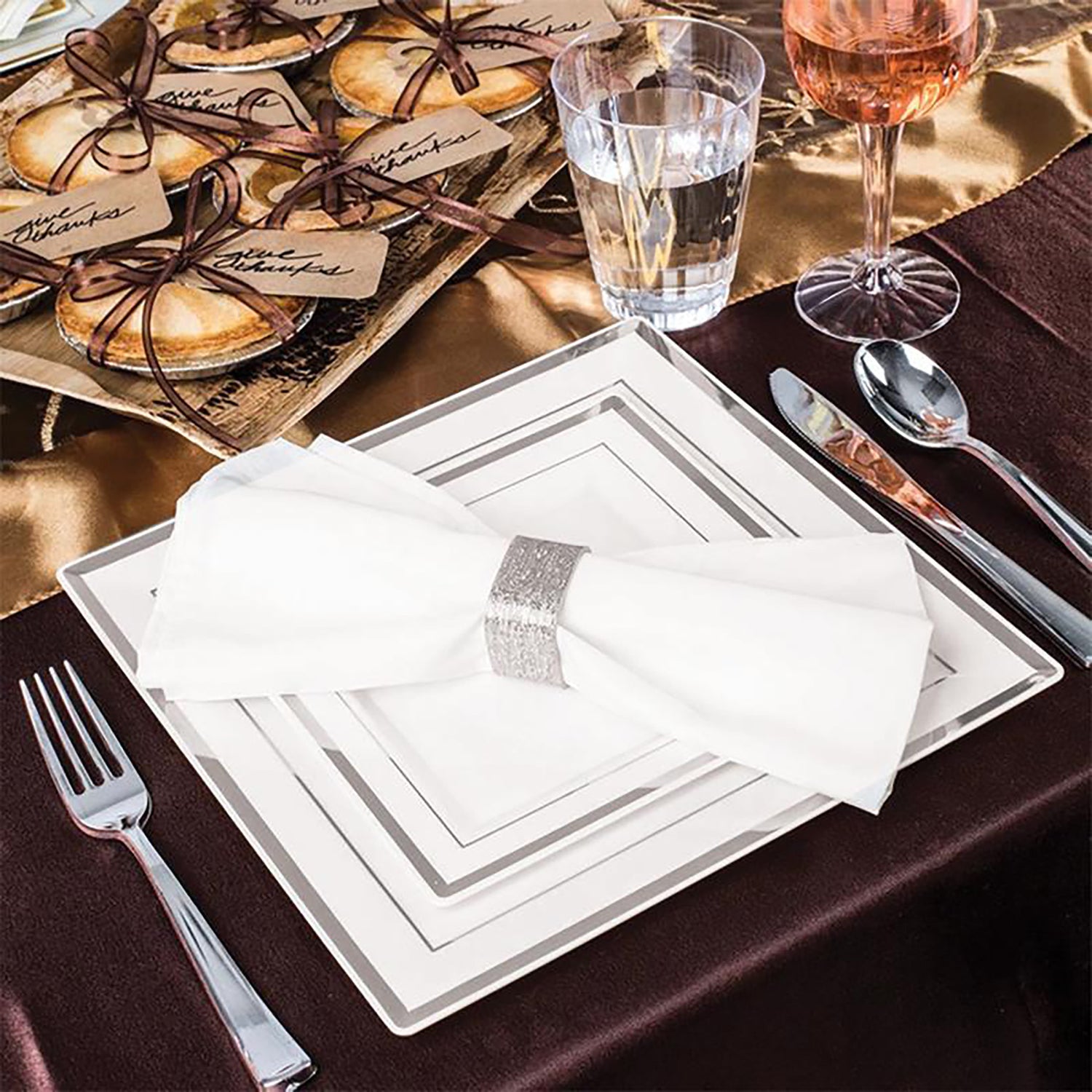 9.5" White with Silver Square Edge Rim Disposable Plastic Dinner Plates Lifestyle | Kaya Collection