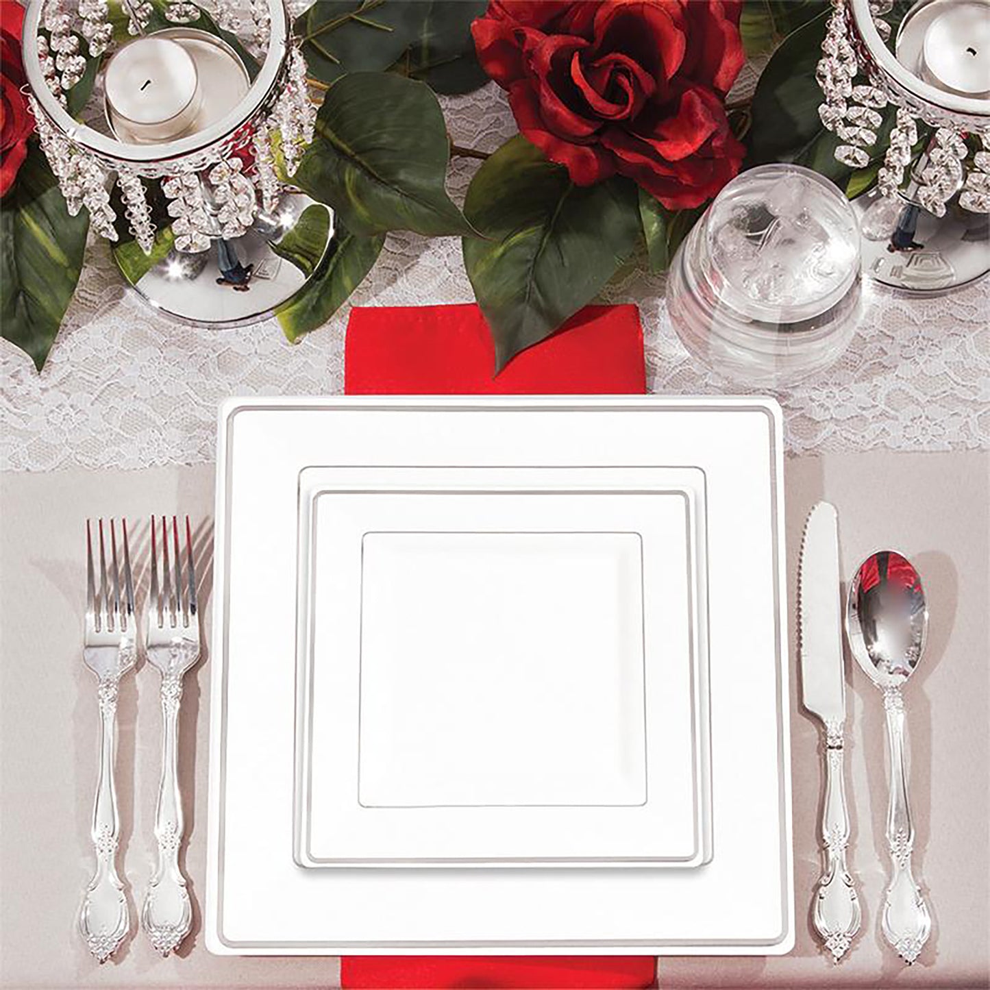 9.5" White with Silver Square Edge Rim Disposable Plastic Dinner Plates Wedding Set | Kaya Collection